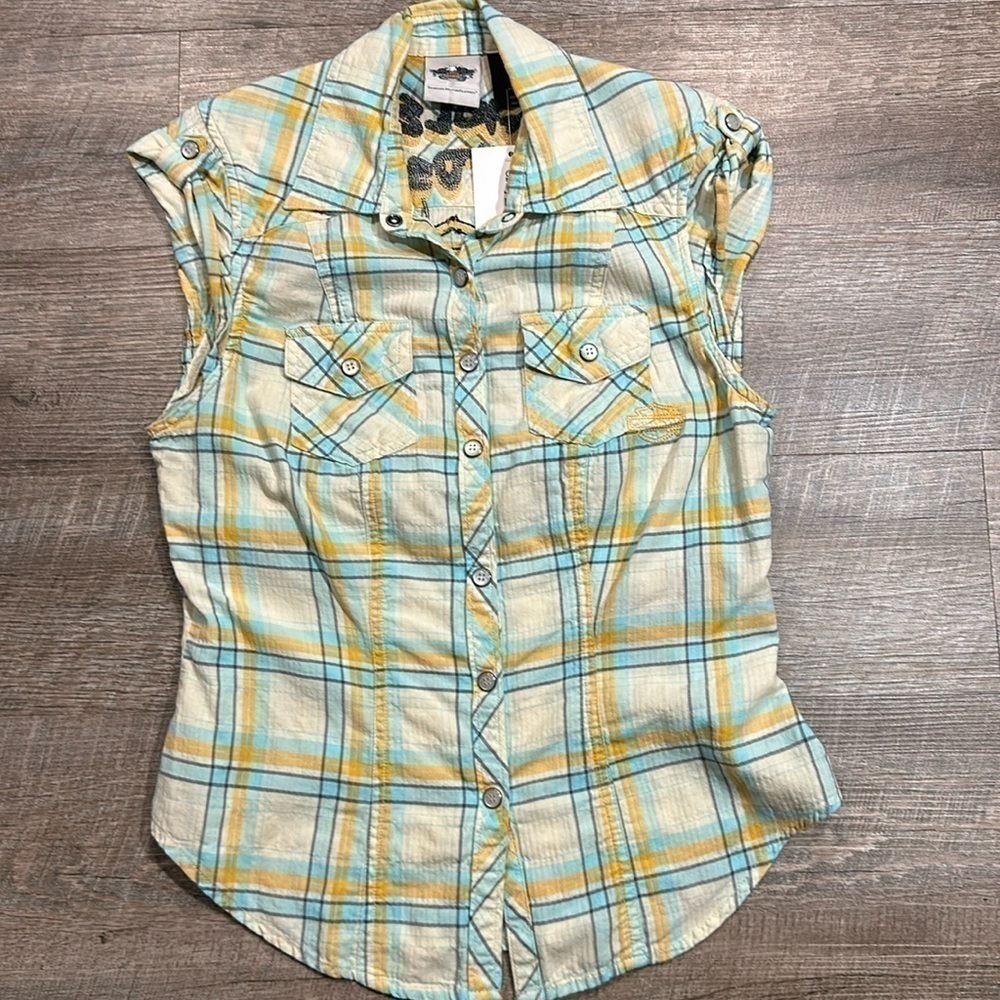 Harley Davidson capped sleeve white/blue/orange plaid embroidered logo top XS - Picture 3 of 13